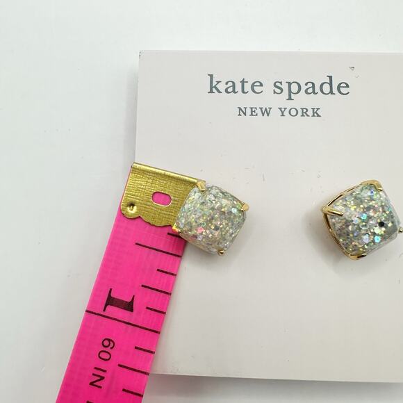 Kate Spade Glitter Stud Earring Mini Square Silver Opal Designer Jewelry Studs - Picture 6 of 13